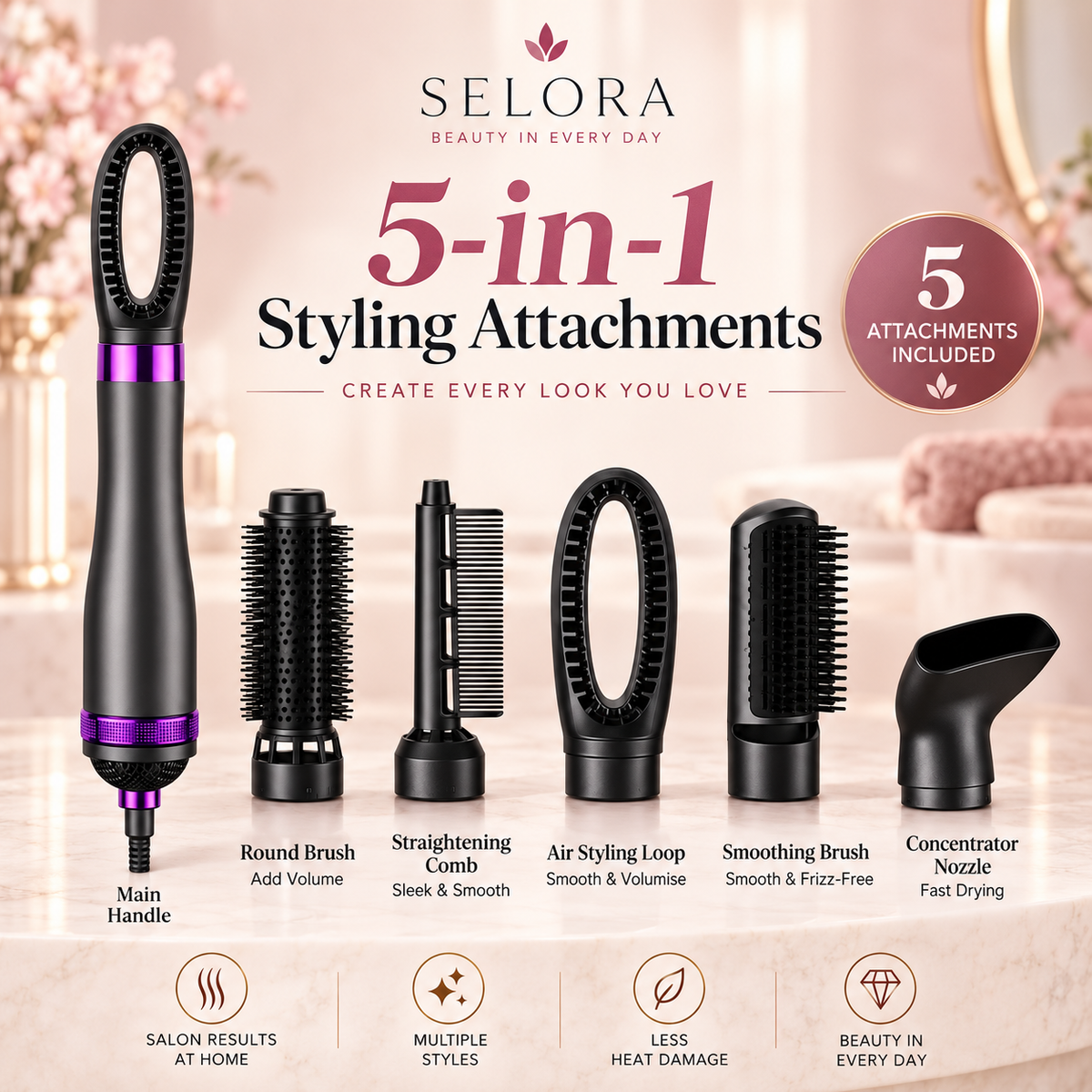 Selora 5-in-1 Hot Air Styler Hair Dryer Brush with Styling Attachments