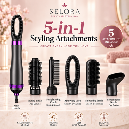Selora 5-in-1 Hot Air Styler Hair Dryer Brush with Styling Attachments
