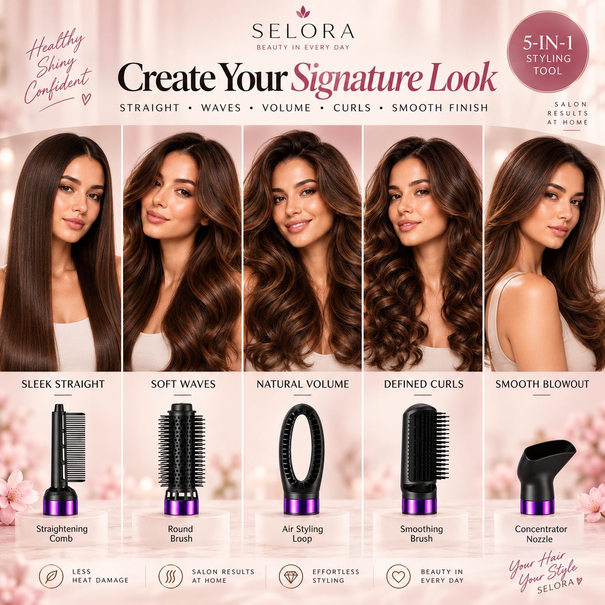 Selora 5-in-1 Hot Air Styler Hair Dryer Brush with Styling Attachments