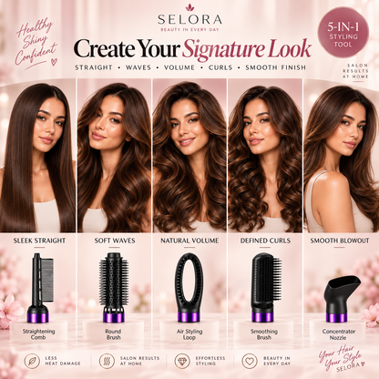 Selora 5-in-1 Hot Air Styler Hair Dryer Brush with Styling Attachments