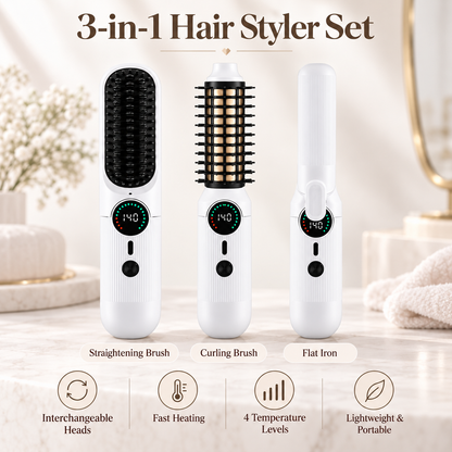 Selora 3-in-1 Cordless Hair Styler – Straightening Brush, Curling Brush & Flat Iron