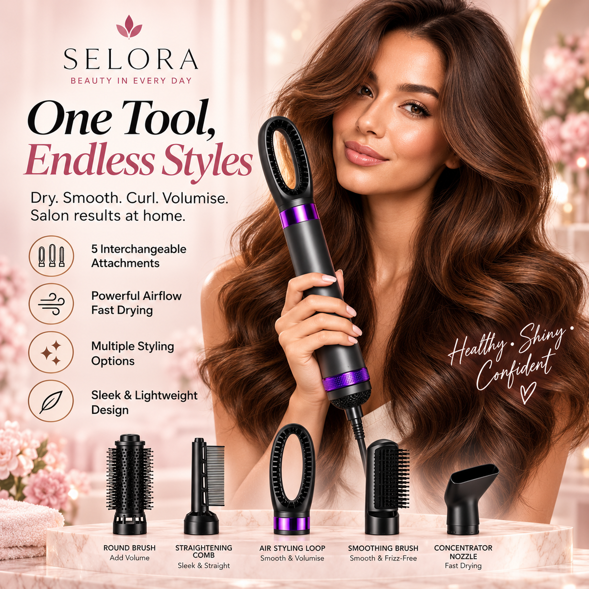 Selora 5-in-1 Hot Air Styler Hair Dryer Brush with Styling Attachments
