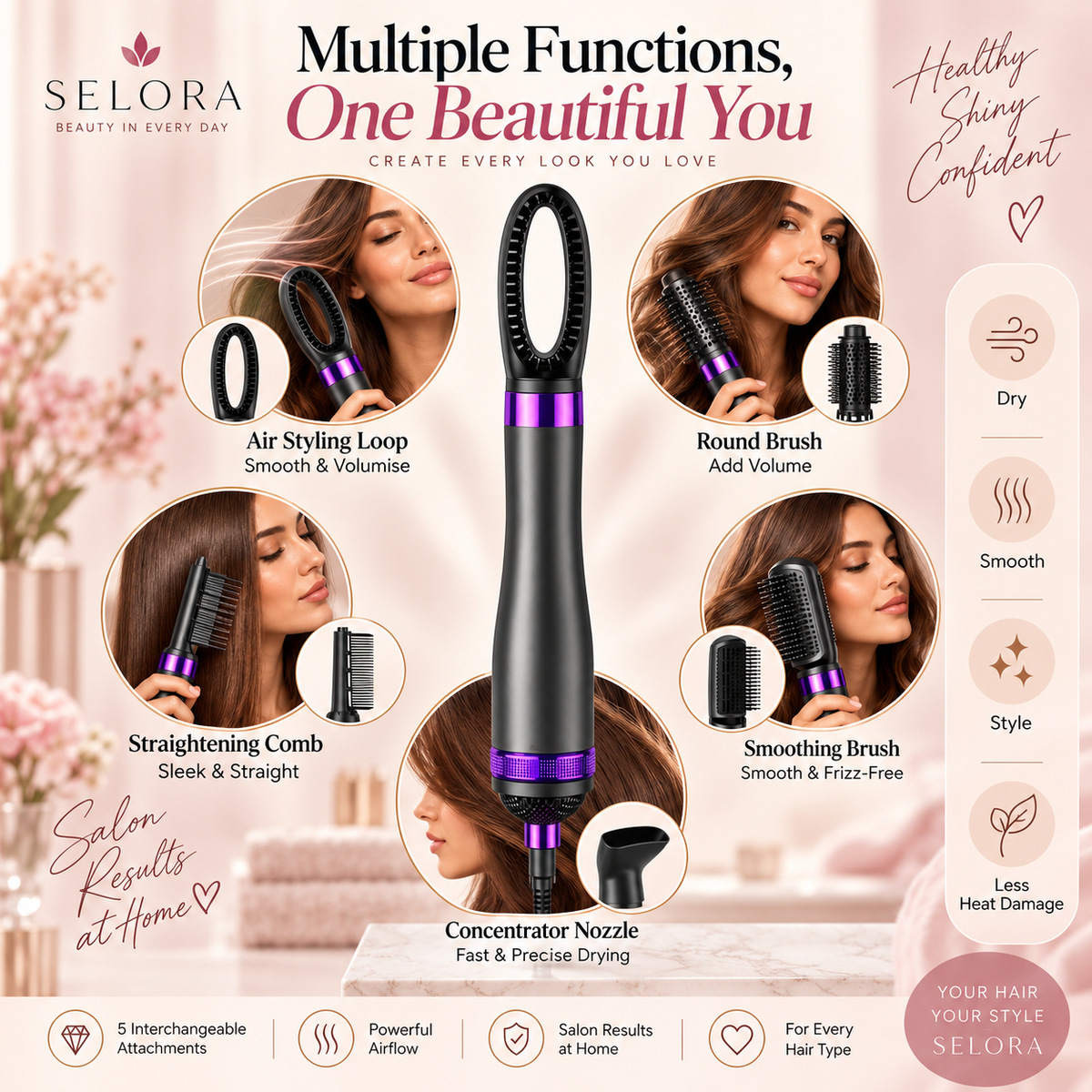 Selora 5-in-1 Hot Air Styler Hair Dryer Brush with Styling Attachments