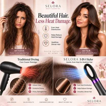 Selora 5-in-1 Hot Air Styler Hair Dryer Brush with Styling Attachments